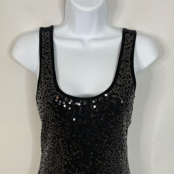 Express Womens Sequin Top Size Small Black Scoop Neck Fitted Tank Y2K - Picture 2 of 9